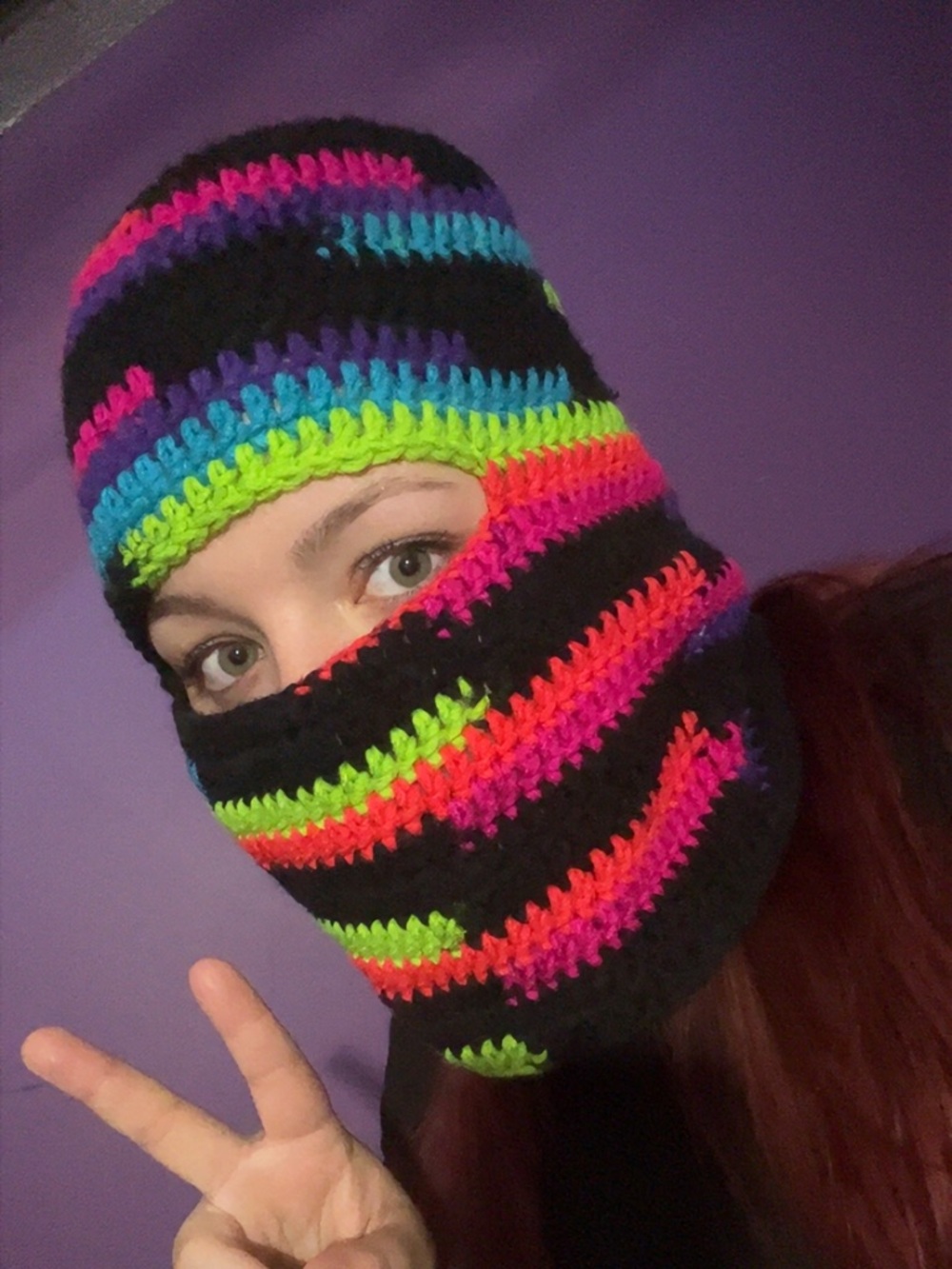 Hand Crafted - Unisex - Neon Multi-Stripe Crochet Ski Mask - Black Multi - New